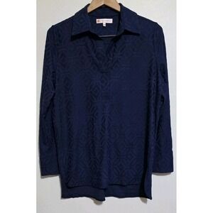 NEW Jude Connally Sierra Jacquard Polo Top 3/4 Sleeve Navy Vneck Collar S Womans